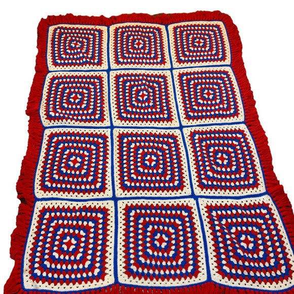 Handmade Other - Vintage 1970s Homemade Crochet Red White Blue Granny Square Afghan Throw Fringe